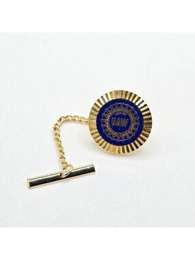 Vintage UAW Lapel Pin Tie Tack Blue Enamel Auto Workers Union w Chain Industrial